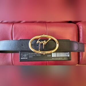 New Men's Giuseppe Zanotti luxury black leather belt with golden buckle,size 110